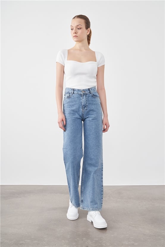 Blue Turtle  1001 Ara Mavi Kadın Düz Palazzo Bol Paça Pantolon Denim