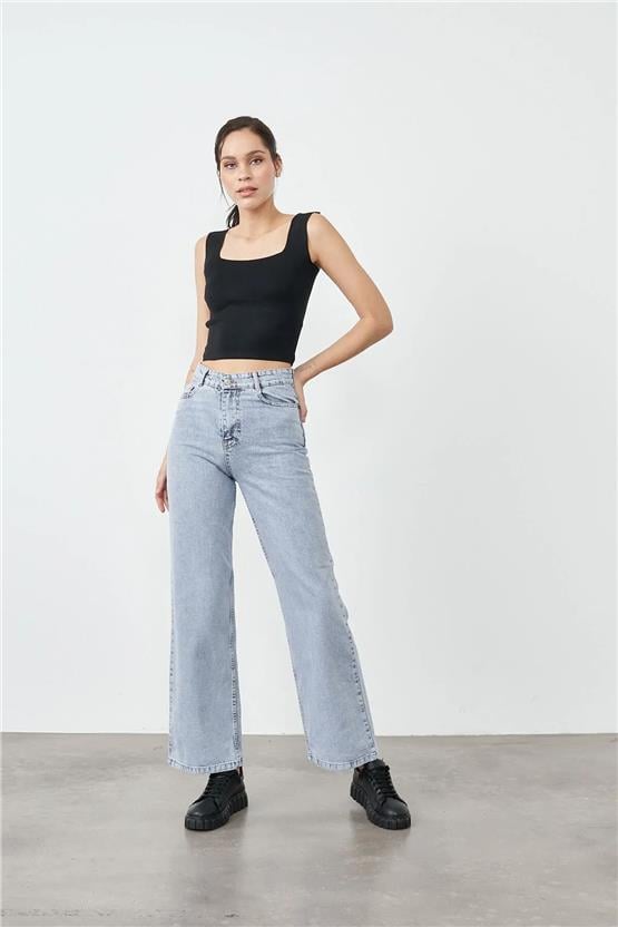 Blue Turtle 1001 Gri Kar Kadın Düz Palazzo Bol Paça Pantolon Denim