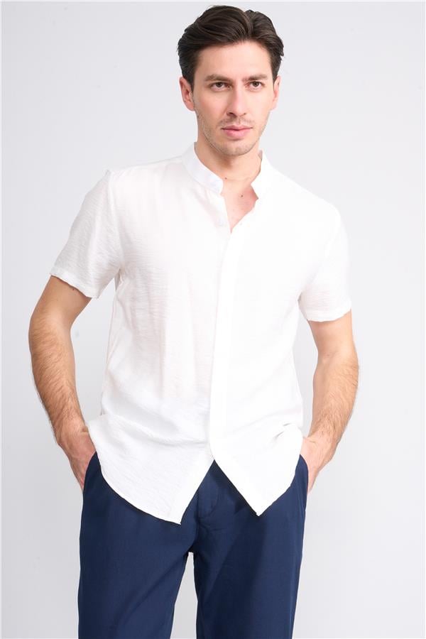 Mentality 2184 Erkek Kısa Kol Hakim Yaka Pamuk Slim Fit Gömlek 1-3 Krem