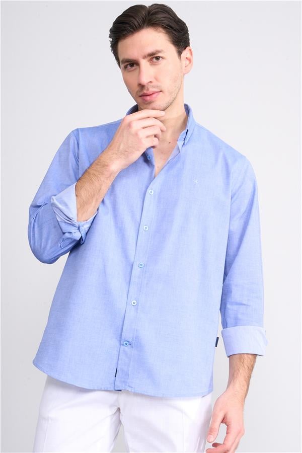 Mentality 2197 Erkek Uzun Kol Düz Denim Slim Fit Gömlek 1-3 Koyu Mavi