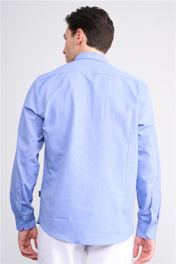Mentality 2197 Erkek Uzun Kol Düz Denim Slim Fit Gömlek 1-3 Koyu Mavi