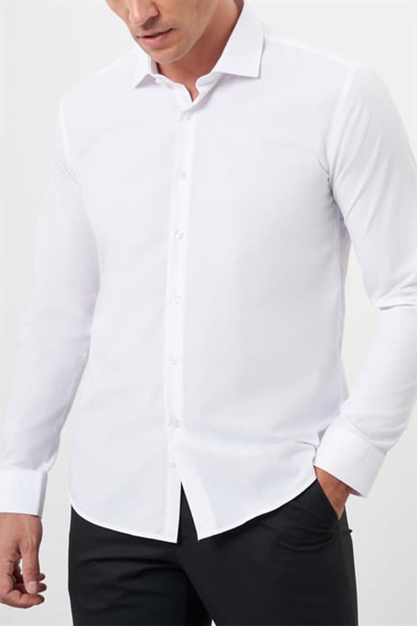 Mentality 2227 Erkek Uzun Kol Terry Cotton Slim Fit Gömlek Beyaz