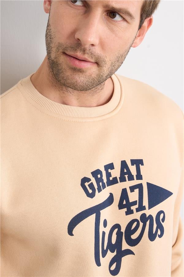 Mentality 3417 Bisiklet Yaka 3 İplik Şardonlu Baskılı Bej Sweatshirt