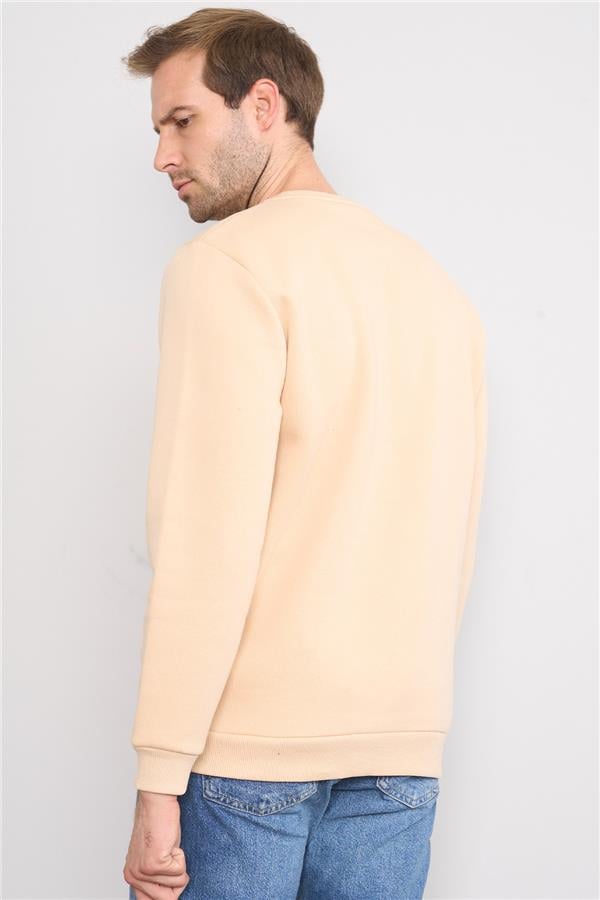 Mentality 3417 Bisiklet Yaka 3 İplik Şardonlu Baskılı Bej Sweatshirt