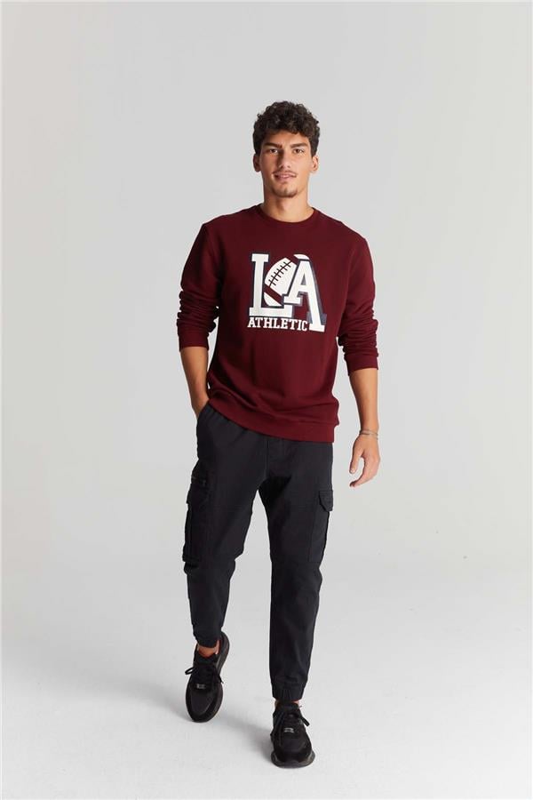 Mentality 3539 Bisiklet Yaka 3 İplik Şardonlu Baskılı Bordo Sweatshirt