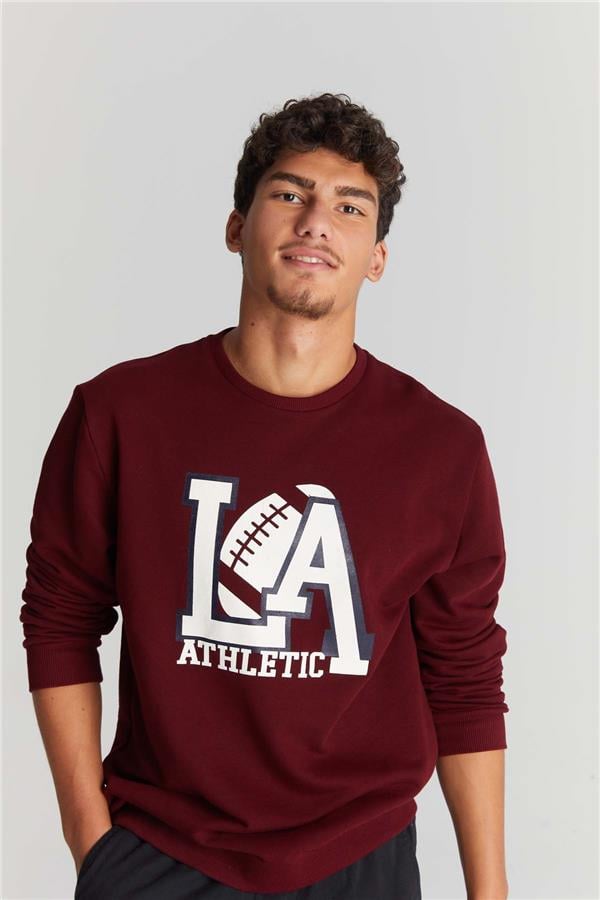 Mentality 3539 Bisiklet Yaka 3 İplik Şardonlu Baskılı Bordo Sweatshirt