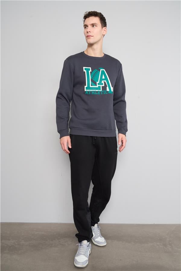 Mentality 3539 Bisiklet Yaka 3 İplik Şardonlu Baskılı Açık Lacivert Sweatshirt