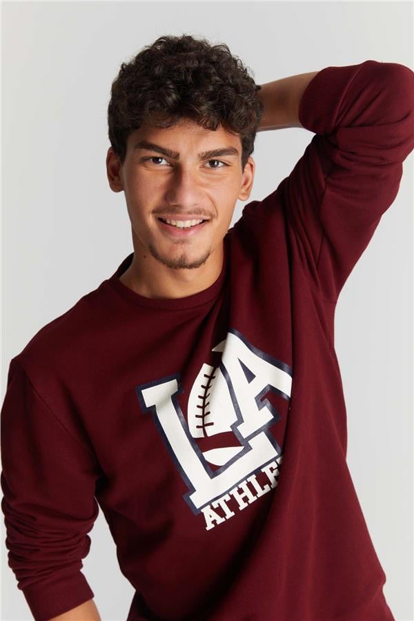 Mentality 3539 Bisiklet Yaka 3 İplik Şardonlu Baskılı Bordo Sweatshirt