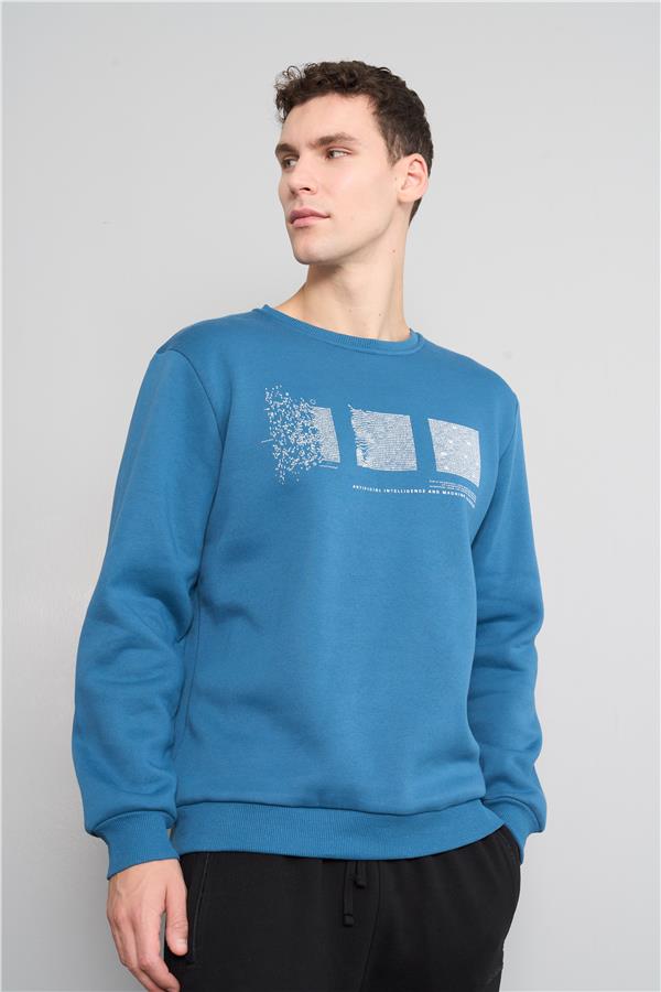 Mentality 3543 Bisiklet Yaka 3 İplik Şardonlu Baskılı Petrol Sweatshirt