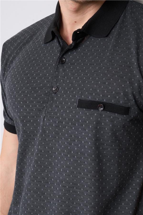 Mentality 3774 Erkek Polo Yaka Baklava Desen T-shirt Siyah-Gri