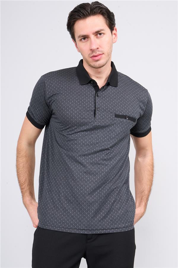 Mentality 3774 Erkek Polo Yaka Baklava Desen T-shirt Siyah-Gri
