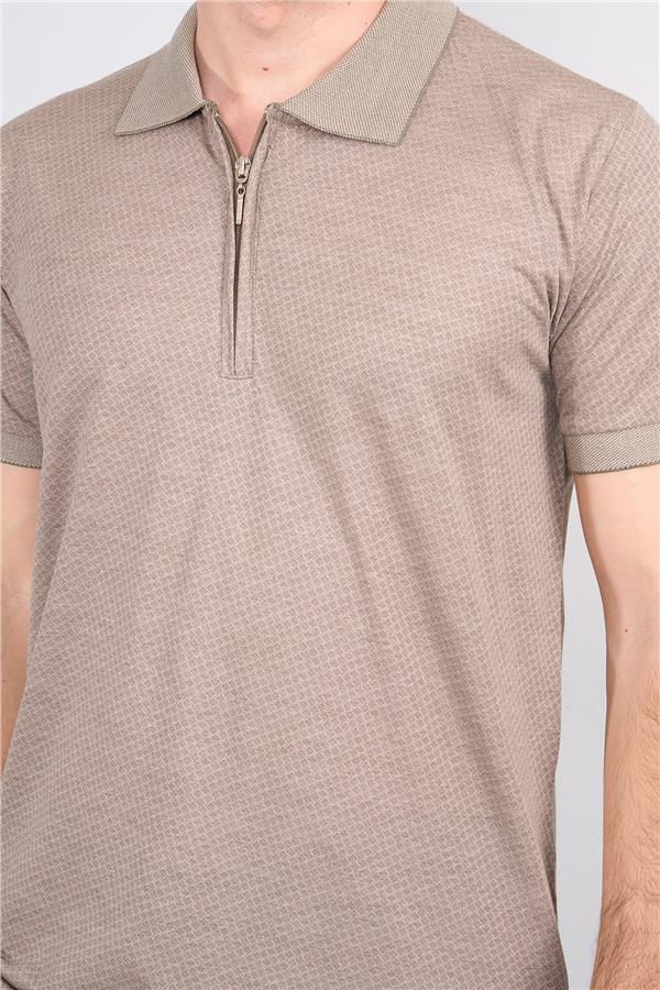 Mentality 3803 Erkek Fermuarlı Polo Yaka T-shirt Vizon