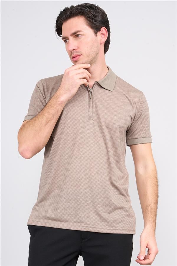 Mentality 3803 Erkek Fermuarlı Polo Yaka T-shirt Vizon
