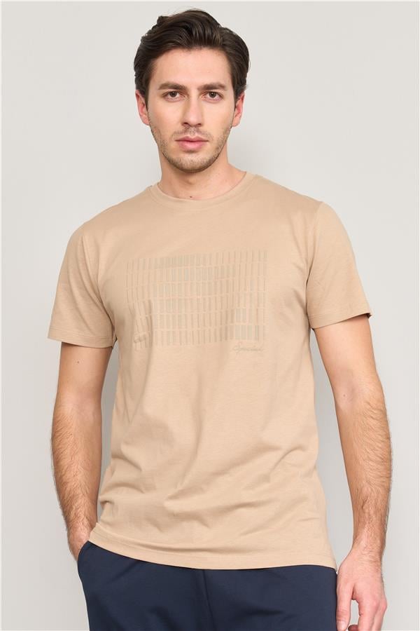 Mentality 4035 Erkek Bisiklet Yaka Baskılı Regular T-shirt Taş