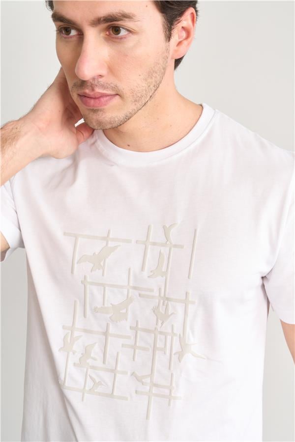 Mentality 4042 Erkek Bisiklet Yaka Baskılı Regular T-shirt Beyaz