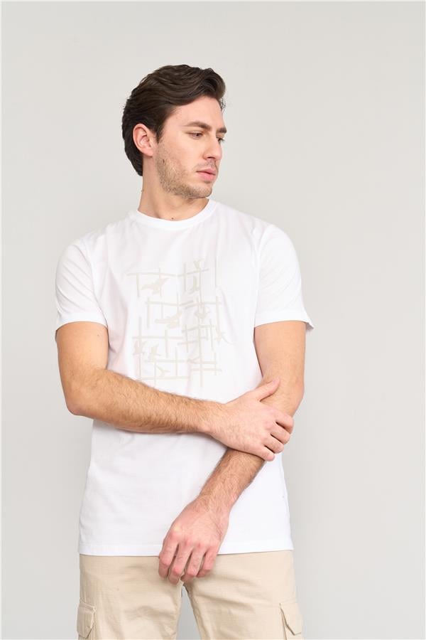 Mentality 4042 Erkek Bisiklet Yaka Baskılı Regular T-shirt Beyaz