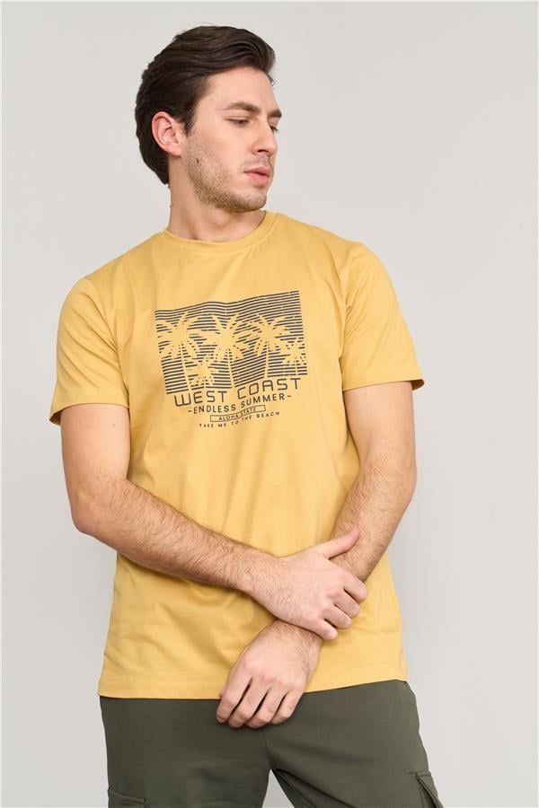 Mentality 4043 Erkek Bisiklet Yaka Baskılı Regular T-shirt Açık Sarı