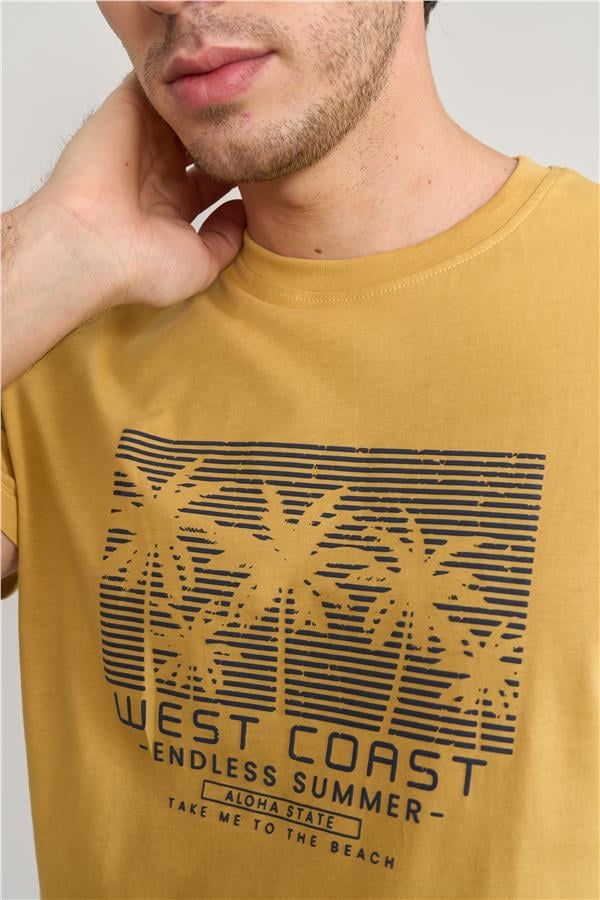 Mentality 4043 Erkek Bisiklet Yaka Baskılı Regular T-shirt Açık Sarı