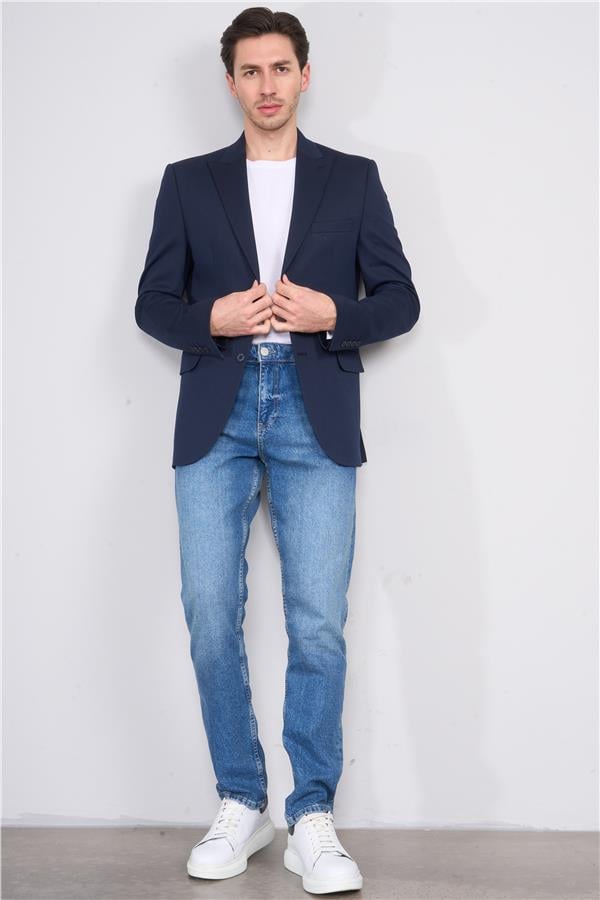 Mentality 4324 Erkek Sivri Yaka Slim Fit Ceket Lacivert