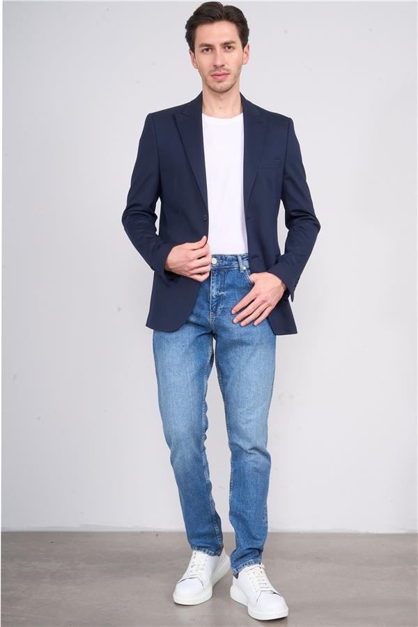 Mentality 4324 Erkek Sivri Yaka Slim Fit Ceket Lacivert