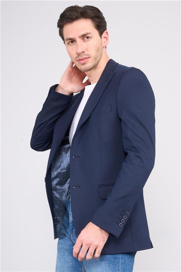 Mentality 4324 Erkek Sivri Yaka Slim Fit Ceket Lacivert
