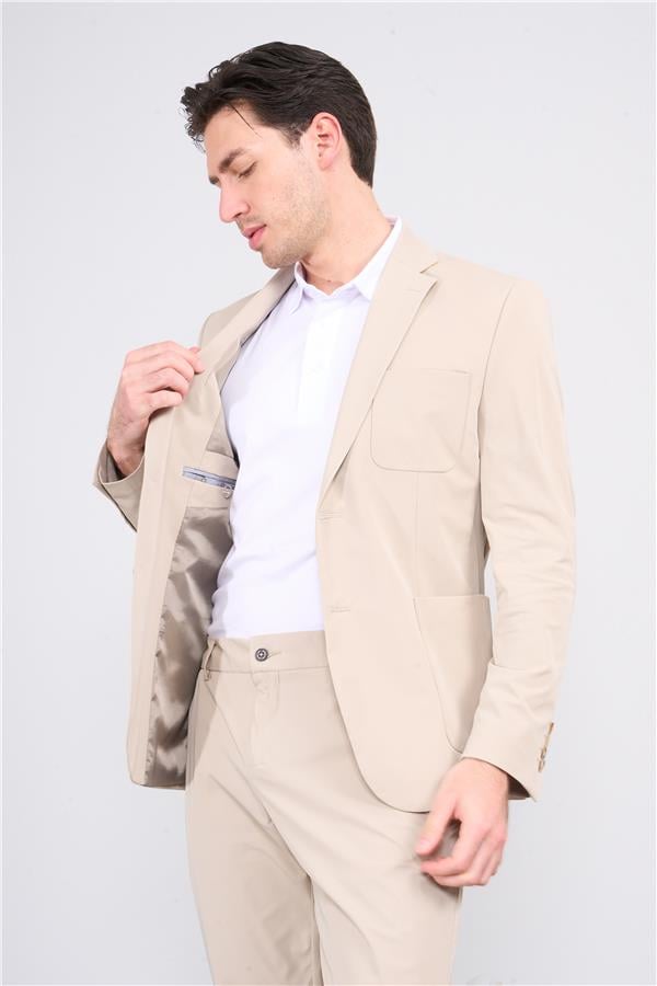 Mentality 4333 Erkek Slimfit Astarsız Biyeli Ceket Bej