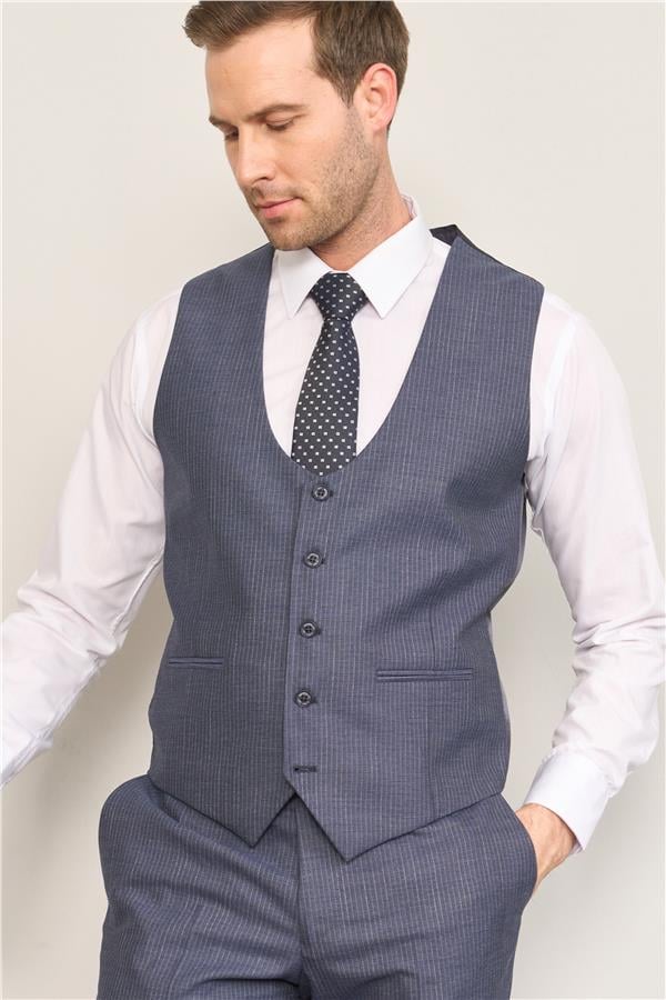 Mentality 9122 Erkek Mono Yaka Slim Fit Yelekli Takım Elbise Açık Lacivert