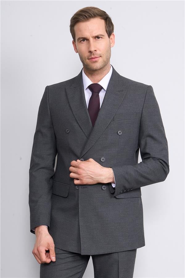Mentality 9132 Erkek Kırlangıç Yaka Slim Fit Kruvaze Takım Elbise Antrasit