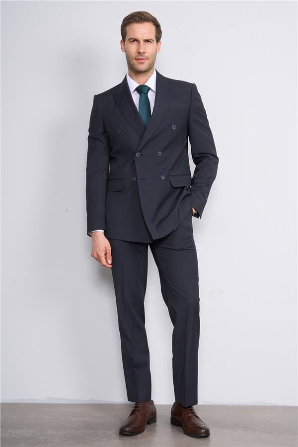 Mentality 9132 Erkek Kırlangıç Yaka Slim Fit Kruvaze Takım Elbise Lacivert