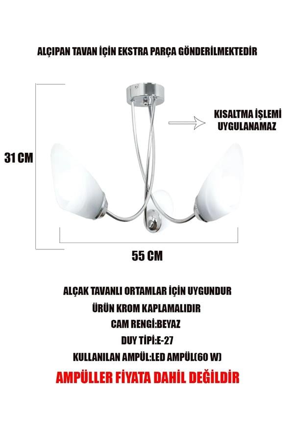 Taşcan Avize Milano 3 Lü Krom Kollu Avize Camlı