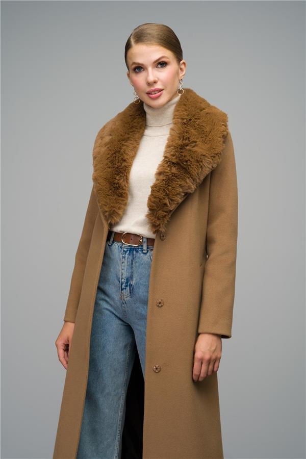 Olcay 3066 Camel Bel Kuşaklı Kürklü Kaşe kadın Kaban