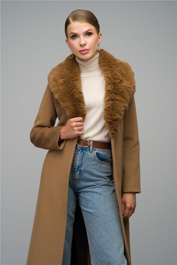 Olcay 3066 Camel Bel Kuşaklı Kürklü Kaşe kadın Kaban
