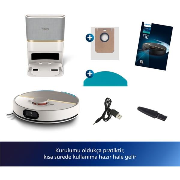 Philips HomeRun 7000 Serisi Aqua XU7100 Çöp İstasyonlu Akıllı Robot Süpürge Beyaz