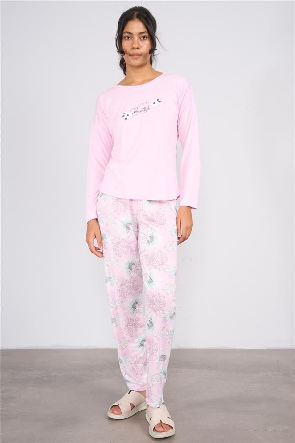 Pijamoni 7300-16 Kırmızı Kadın Polyviskon Uzunkol Alt Uzun Pijama Takım