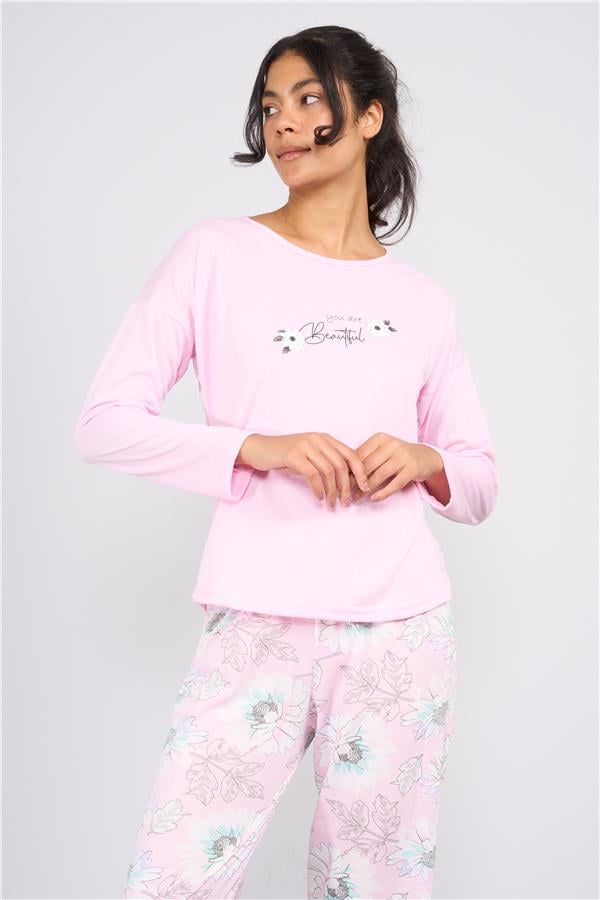 Pijamoni 7300-16 Kırmızı Kadın Polyviskon Uzunkol Alt Uzun Pijama Takım
