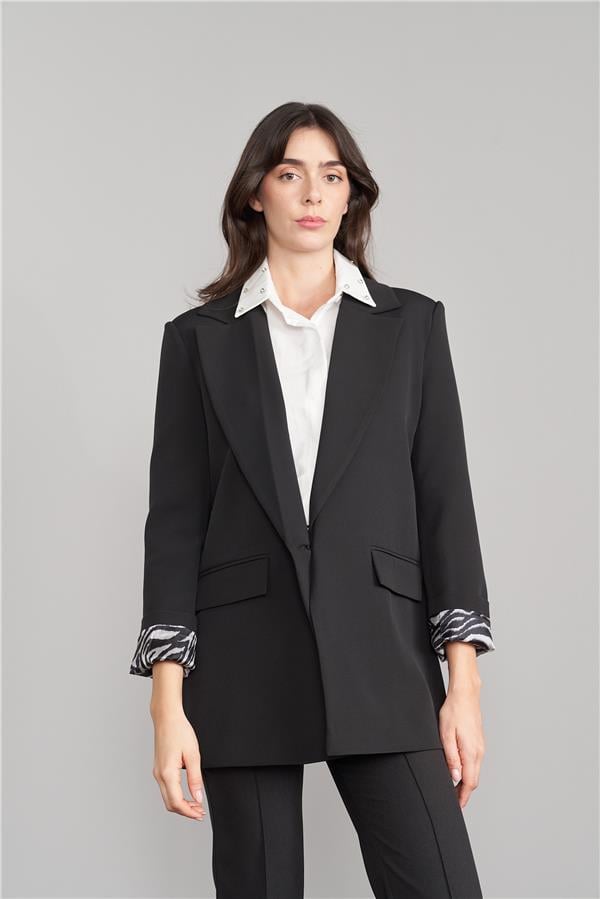 Sateen 1405-6020 Siyah Kadın Zebra Astarlı Ceket