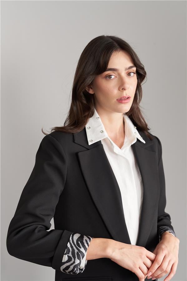 Sateen 1405-6020 Siyah Kadın Zebra Astarlı Ceket