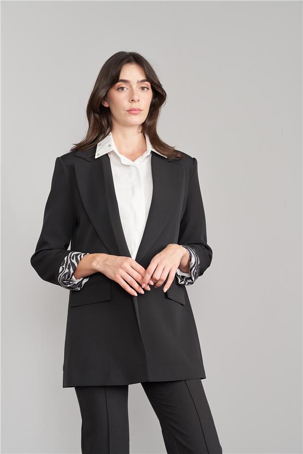 Sateen 1405-6020 Siyah Kadın Zebra Astarlı Ceket