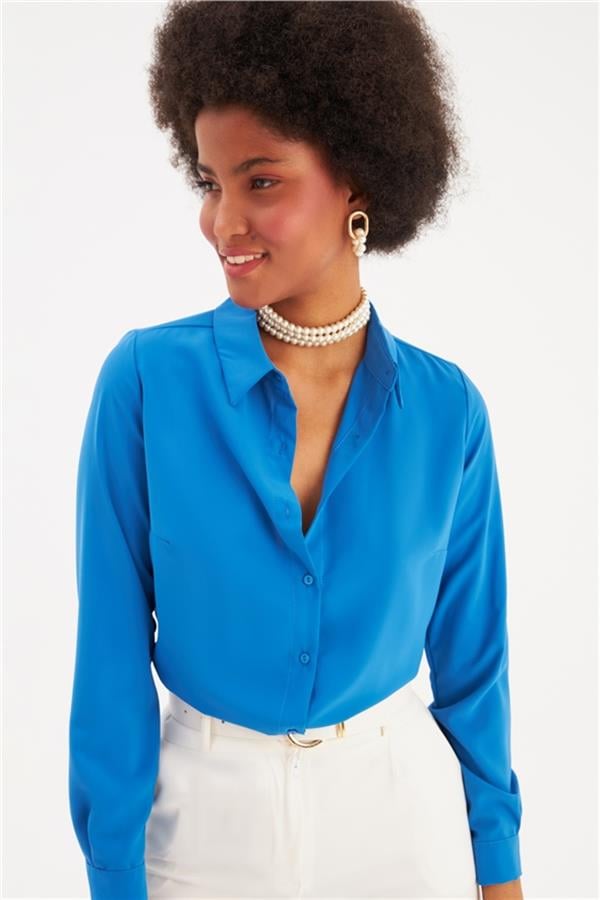 Sateen 268-2530 Saks Mavi Kadın Klasik Gömlek