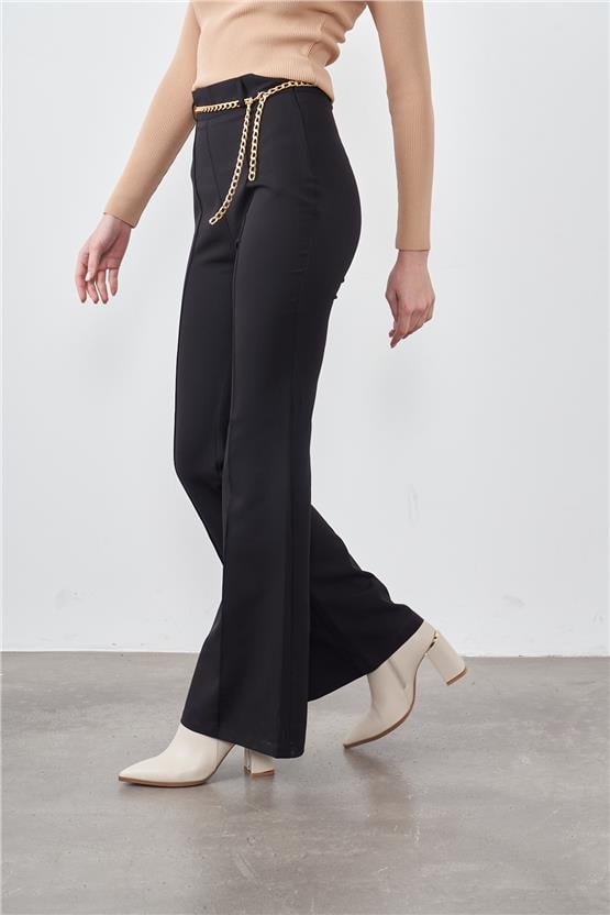 Sateen 423-5001 Siyah Zincir Kemerli İspanyol Paça Pantolon Pantolon
