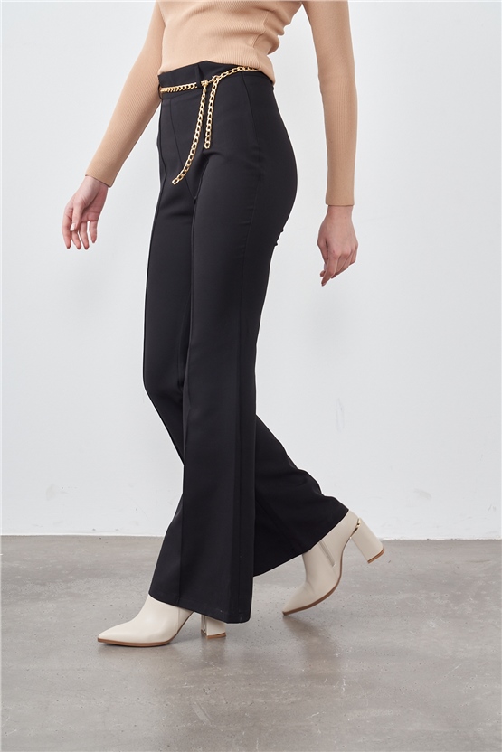 Sateen 423-5001 Siyah Zincir Kemerli İspanyol Paça Pantolon Pantolon