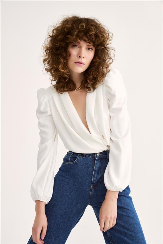 Sateen 447-1009 Ekru Kadın Kruvaze Bodysuit Bluz