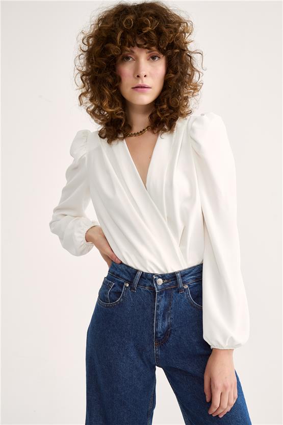 Sateen 447-1009 Ekru Kadın Kruvaze Bodysuit Bluz