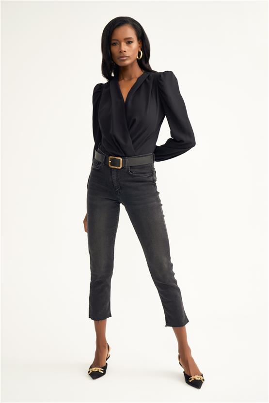 Sateen 447-1009 Siyah Kadın Kruvaze Bodysuit Bluz