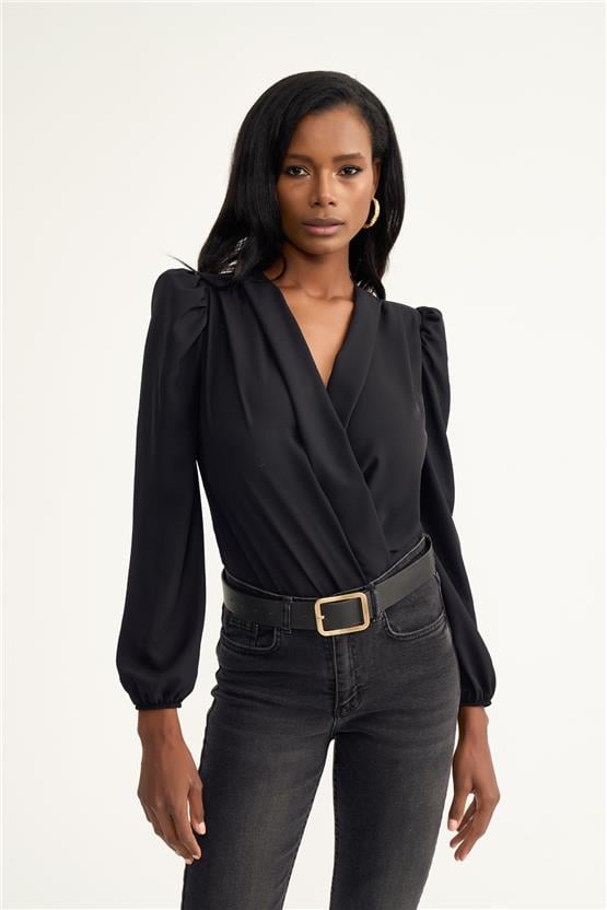 Sateen 447-1009 Siyah Kadın Kruvaze Bodysuit Bluz