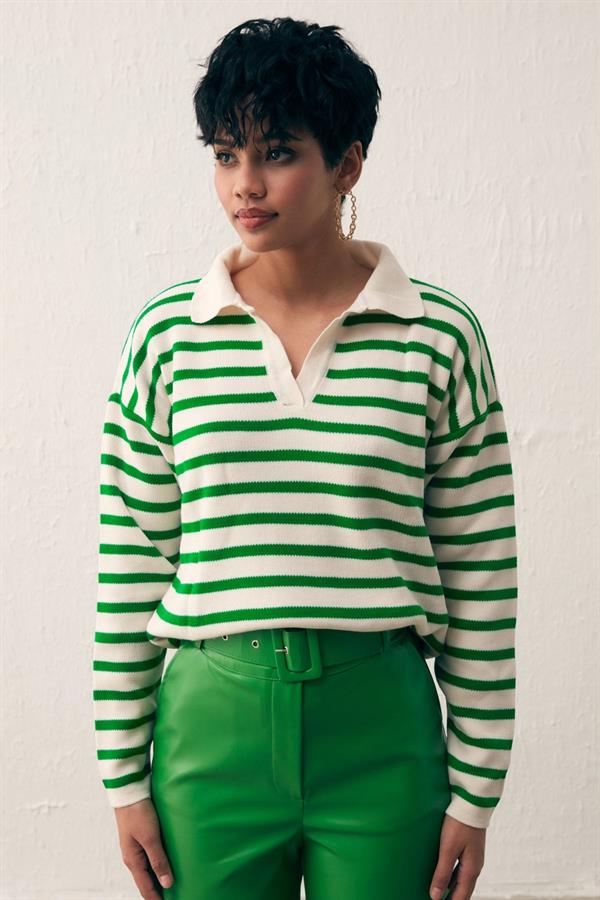 Sateen 678 137 1503 Elma Yeşilı Krem Kadın Çizgili Polo Yaka Triko