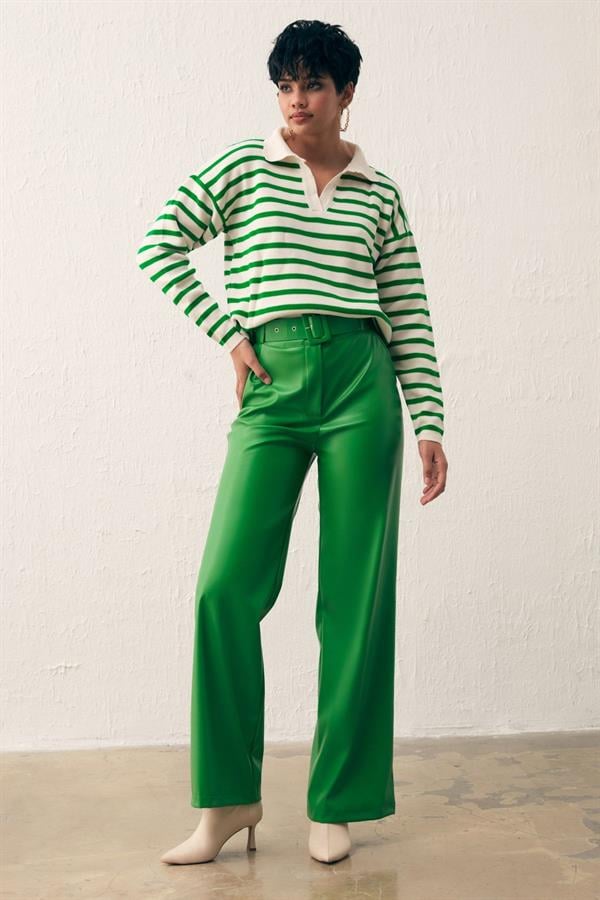 Sateen 678 137 1503 Elma Yeşilı Krem Kadın Çizgili Polo Yaka Triko