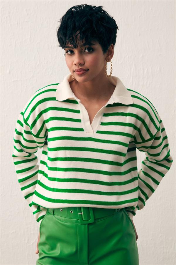 Sateen 678 137 1503 Elma Yeşilı Krem Kadın Çizgili Polo Yaka Triko