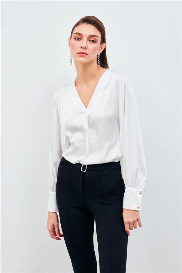 Sateen 871-1010 Ekru Kadın V Yaka Saten Bluz