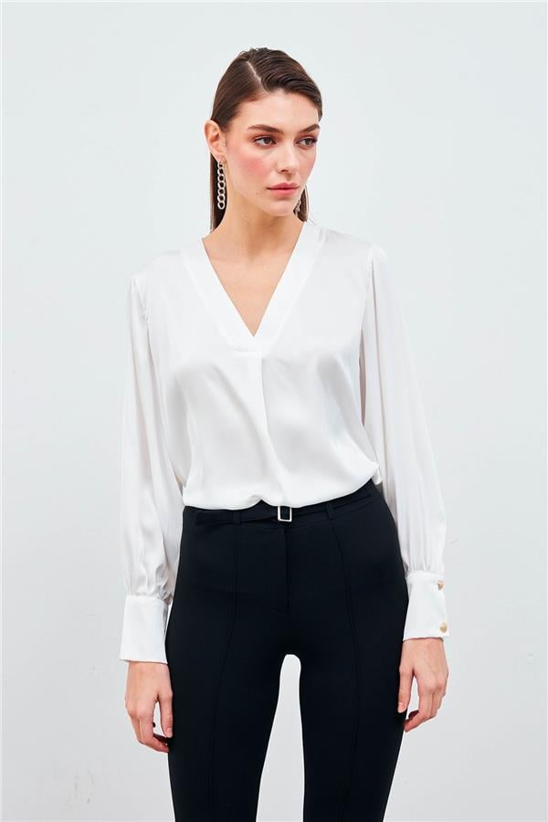 Sateen 871-1010 Ekru Kadın V Yaka Saten Bluz